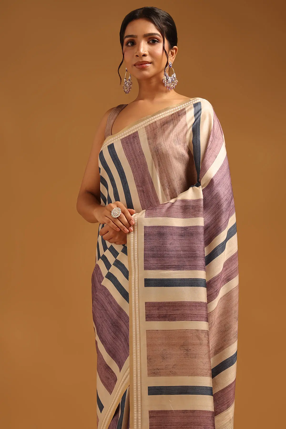 Beige Tussar Striped Saree